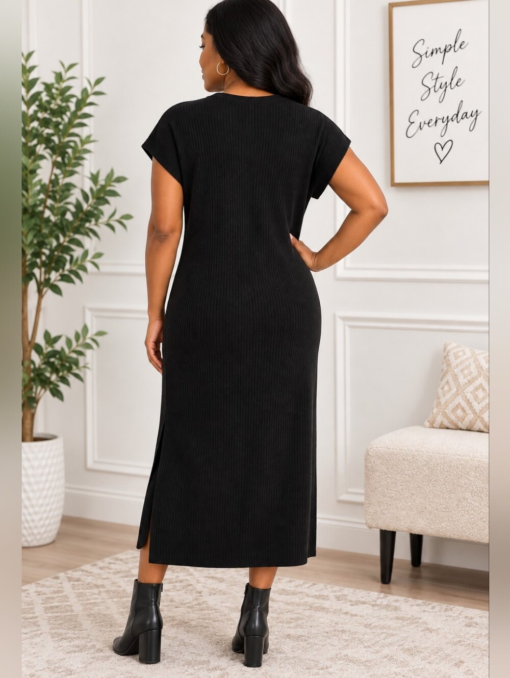Old Navy Large Black Ribbed V-Neck Midi Sweater Dress - Picture 2 of 7